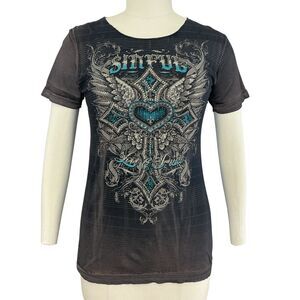 Sinful by Affliction T-Shirt Women L Angel Wings Cross Allover Rhinestone Tattoo